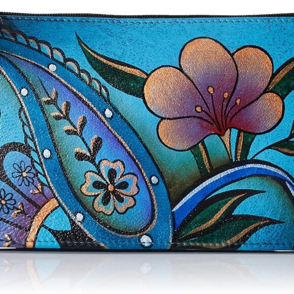 Anna by Women's Hand Painted Genuine Leather Credit Card Case - Denim Paisley Fl